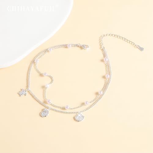 Sterling Silver Ankle Bracelets for Women 14k Gold Plated Waterproof Dainty Layered Stackable Seashell Pearl Charm Non Tarnish Adjustable Anklet for Summer Beach Jewelry Gift - color: silver1