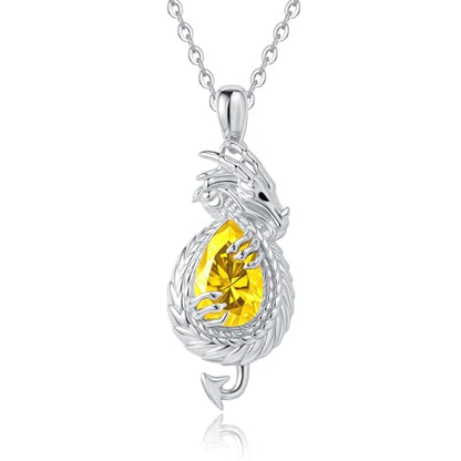 Dragon Necklace Sterling Silver Wyvern Pendant Jewelry with Teardrop Birthstone Gifs for Women - style: Dragon necklace-Citrine stone
