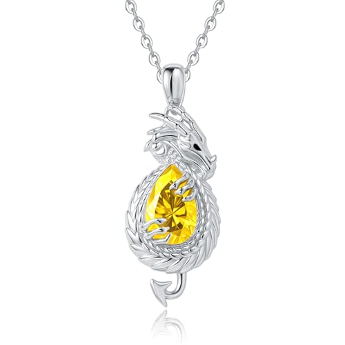 Dragon Necklace Sterling Silver Wyvern Pendant Jewelry with Teardrop Birthstone Gifs for Women - style: Dragon necklace-Citrine stone