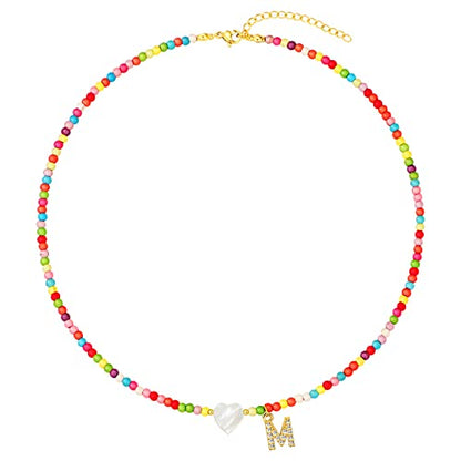 MJartoria Initial Necklaces for Women, Colorful Beaded Necklace, Shell Beach Necklace Letter Choker Handmade Jewelry Gifts - style: M