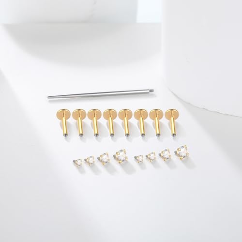 Xpircn Flat Back Stud Earrings 14K Gold Plated Internally Threaded CZ Stud Piercing Jewelry for Tragus Helix Cartilage Conch Nose Hypoallergenic Lip Labret Medusa Piercing 16G 18G - color: 16 Gauge, Gold, size: 8mm Bar