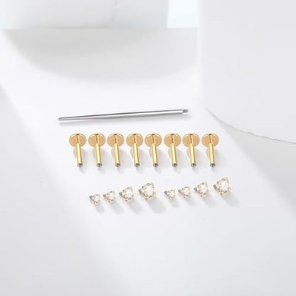 Xpircn Flat Back Stud Earrings 14K Gold Plated Internally Threaded CZ Stud Piercing Jewelry for Tragus Helix Cartilage Conch Nose Hypoallergenic Lip Labret Medusa Piercing 16G 18G - color: 16 Gauge, Gold, size: 8mm Bar