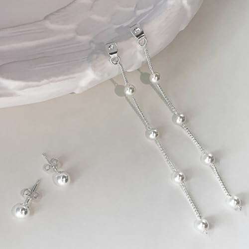 Pearl Earrings for Women 14k Gold/Silver Pearl Drop Earrings Long White Pearl Tassel Dangle Statement Earrings Bridal Wedding Dainty Prom Earrings Birthday Gifts Jewelry - color: 6MM Silver Pearl Drop Earrings