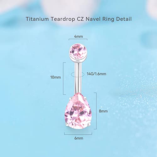 limerencia 14G G23 Titanium Belly Button Ring with Small Teardrop Cubic Zirconia 10mm Internally Threaded Navel Piercing Jewelry - color: Pink CZ