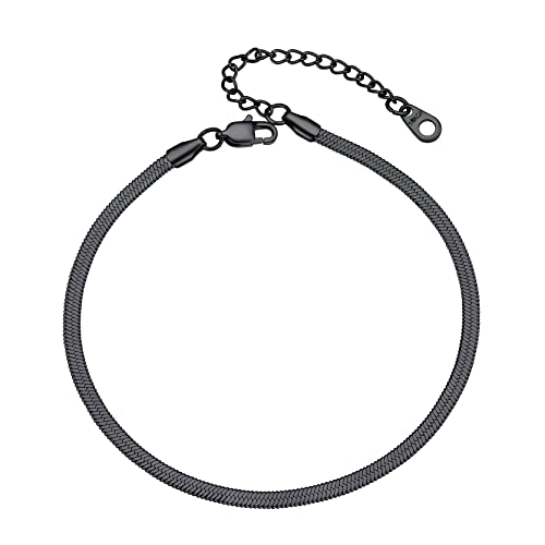 Adjustbale Link Chain Anklet for Women Summer Jewelry, 316L Stainless Steel Figaro/Wheat/Twist Rope/Cuban Foot Bracelet-Waterproof, Resizable 9"-12" (Gift Box Included) - color: 6, Herringbone - Black-3mm