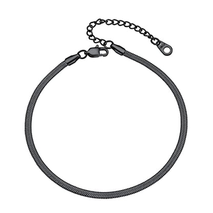 Adjustbale Link Chain Anklet for Women Summer Jewelry, 316L Stainless Steel Figaro/Wheat/Twist Rope/Cuban Foot Bracelet-Waterproof, Resizable 9"-12" (Gift Box Included) - color: 6, Herringbone - Black-3mm