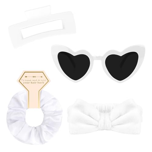 Semato 4 Pcs White Bridesmaid Proposal Gifts Bridesmaid Spa Headband, Hair Claw Clips, Heart Shaped Sunglasses and Smooth Satin Scrunchies - color: White