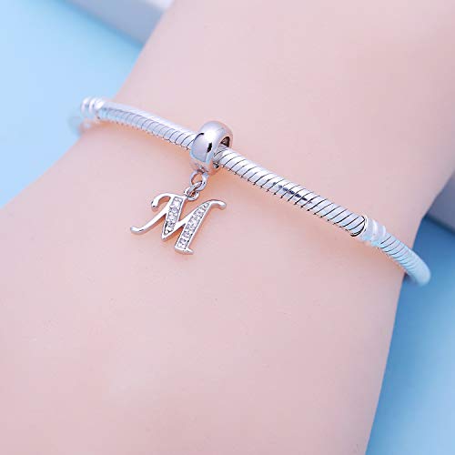 925 Sterling Silver Charms Alphabet Beads fit Pandora Charm Bracelets A-Z Letter Initial Spacer Dangle Clear CZ Stone Authentic for Snake Chain Bracelets - color: M