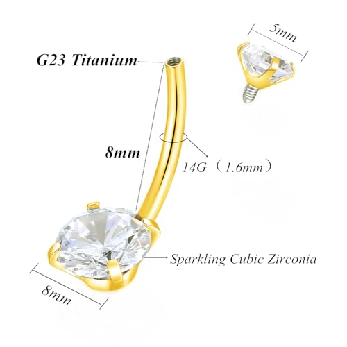 ORANGELOVE G23 Titanium 14G Belly Button Rings Cubic Zirconia Internally Threaded CZ Belly Ring Navel Barbell Stud Body Piercing Jewelry 14 Gauge 8mm 10mm 12mm 14mm - color: Gold, size: 14G 8mm