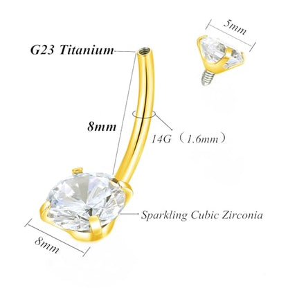 ORANGELOVE G23 Titanium 14G Belly Button Rings Cubic Zirconia Internally Threaded CZ Belly Ring Navel Barbell Stud Body Piercing Jewelry 14 Gauge 8mm 10mm 12mm 14mm - color: Gold, size: 14G 8mm