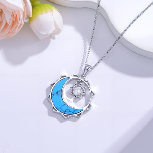 925 Sterling Silver Turquoise Moon Pendant Necklace for Women, Snake/Flower/Bow/Tree of Life/Star Moon Necklace, Dainty Jewelry for Daily Wear & Gifts - style: Style 2