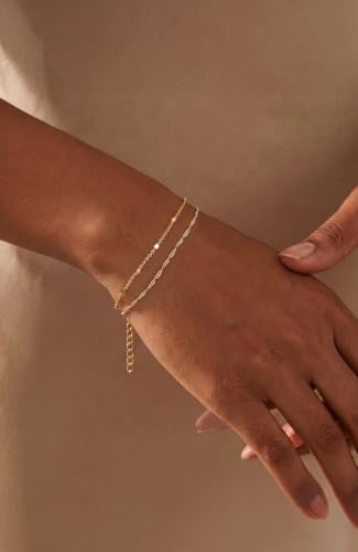 Moodear Gold Bracelets for Women, 2PCS Dainty 14K Gold Plated Link Chain | Waterproof Non Tarnish Jewelry, Adjustable Gold Plated Link & Bead Chain, Perfect for Daily Wear, Vacation Outfits & Gifts - color: gold-2