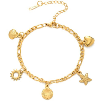 Jude Jewelers Stainless Steel Summer Holiday Clam Sun Heart Charms Strand Bracelet - color: Gold