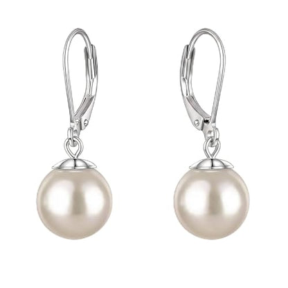 Pearl Leverback Earrings for Women Dangle Round Gemstone Earrings Birthstone Jewelry Gift Anniversary for Her - color: 30 White pearl
