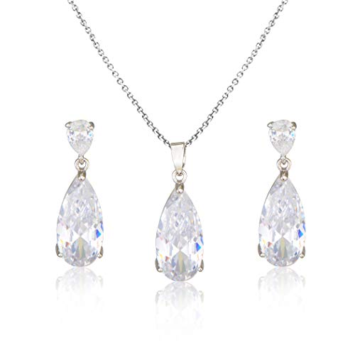Wedding Jewelry Set for Bridesmaids - Sterling Silver Teardrop CZ Crystal Cubic Zirconia Rhinestone Diamond Bridal Necklace Earrings Set for Bride Mother of Bride Party Prom Birthstone Costume Jewelry - color: Apr-Diamond