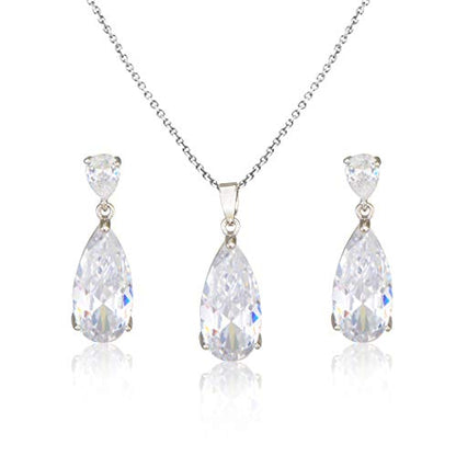 Wedding Jewelry Set for Bridesmaids - Sterling Silver Teardrop CZ Crystal Cubic Zirconia Rhinestone Diamond Bridal Necklace Earrings Set for Bride Mother of Bride Party Prom Birthstone Costume Jewelry - color: Apr-Diamond
