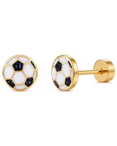Soccer Stud Earrings,Hypoallergenic 18K Gold Plated Stainless Steel Flat Back Screw Heart Sports Earrings for Women,Soccer Fan Football Mom Jewelry Gift for Sport Day Daily Wear - color: Gold