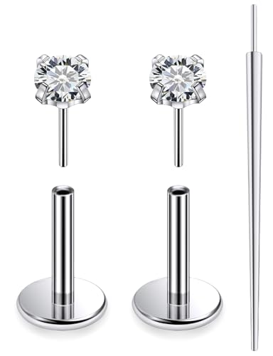 20G 18G 16G F136 Titanium Threadless Flat Back Earrings Nose Studs Tragus Forward Helix Conch Cartilage Lobe Earrings Medusa Labret Snake Bite Monroe Lip Ring Piercing Jewelry For Women Men - size: 20G-6MM Bar-CZ 2MM