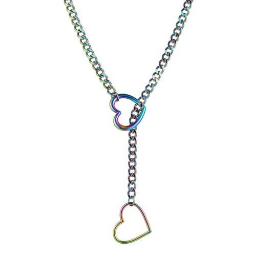 Artmiss Heart Slip Chain Necklace Cuban Long Chain Affection Link Necklace Submissive Collar Chokers for Women - color: Iridescent Rainbow