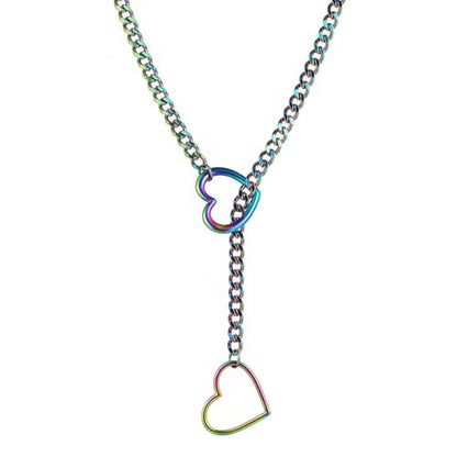 Artmiss Heart Slip Chain Necklace Cuban Long Chain Affection Link Necklace Submissive Collar Chokers for Women - color: Iridescent Rainbow