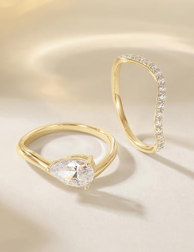 EAMTI 1.5CT Bridal Ring Sets Pear Cut CZ Promise Engagement Rings Curved Wedding Bands for Women Travel Ring Size 4-10 - color: Gold