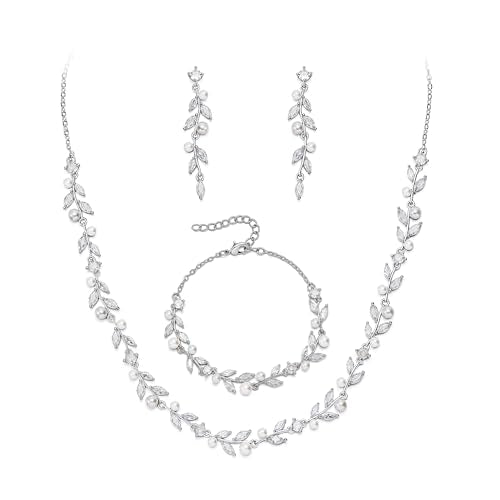 EVER FAITH Cubic Zirconia Pearl Leaf Bridal Jewelry Set for Bride Women | White Wedding Prom Necklace Dangle Earrings Bracelet, for Bridesmaid - color: Leaves_Silver-Plated-Brass