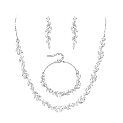 EVER FAITH Cubic Zirconia Pearl Leaf Bridal Jewelry Set for Bride Women | White Wedding Prom Necklace Dangle Earrings Bracelet, for Bridesmaid - color: Leaves_Silver-Plated-Brass