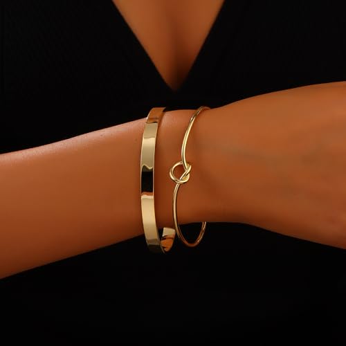 Gold Bangle Bracelets for Women Non Tarnish, 18k Gold Bracelet Stack Layered Chunky Cuff Bracelet Knot Cross Bowknot Bracelets Trendy Jewelry Set for Women Gifts - color: S03