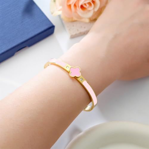Clover Bracelets for Women Gold and Silver Chunky Oval Clover Bangle | 18k Gold Plated Stainless Steel,Precision Polished Non Tarnish,Black/White/Red/Pink/Orange Clover Bracelet Gifts for Women - color: Pink
