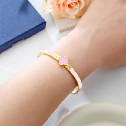 Clover Bracelets for Women Gold and Silver Chunky Oval Clover Bangle | 18k Gold Plated Stainless Steel,Precision Polished Non Tarnish,Black/White/Red/Pink/Orange Clover Bracelet Gifts for Women - color: Pink