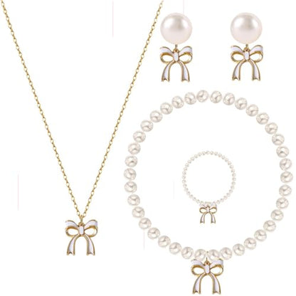 MALOYANVE 4PCS Bow Necklace Earrings Bracelet Ring Set for Women Elegant Bowknot - Adorned Pearl Jewelry Silk Ribbon Necklace Bracelet and Earrings for Christmas - style: Hollow White Bow