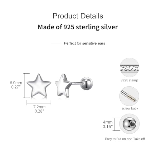 JSGEMSLEE Hypoallergenic 925 Sterling Silver Stud Earrings for Women With Screw Back Small Butterfly Heart Flower Earrings for Girls Tragus Cartilage Jewelry Gifts - color: star