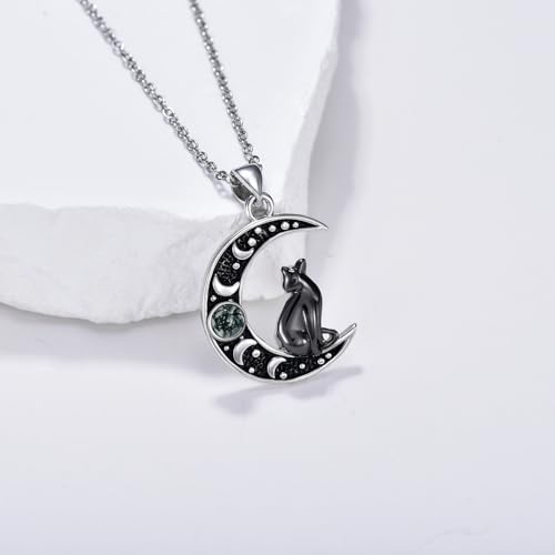 Witch Necklace 925 Sterling Silver Pentagram Triple Moon Pentacle Pendant Wiccan Pagan Jewelry Witchy Gifts for Women - style: Black Cat-1