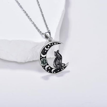 Witch Necklace 925 Sterling Silver Pentagram Triple Moon Pentacle Pendant Wiccan Pagan Jewelry Witchy Gifts for Women - style: Black Cat-1