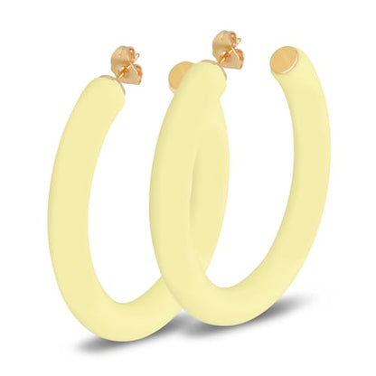 Gold Plated Multicolor Resin Chunky Thick Open Hoop Earrings in 57MM and 37.5MM Diameters - color: Yellow - Pastel - Matte Finish, size: 57MM (2.24") Diameter