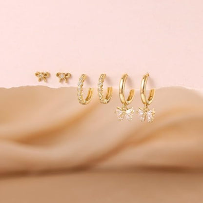 Freekiss 3 Pairs Hoop Earrings Set - Dainty Stud Dangle Cartilage for Women | Hypoallergenic Earrings, Cubic Zirconia Stackable Trendy Small Set Jewelry Gifts for Women - style: Bow Set-GD