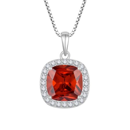 Birthstone Necklace for Women 925 Sterling Silver Princess Cut Halo Necklace Pendant Jewelry for Mom Wife - color: Deep Red
