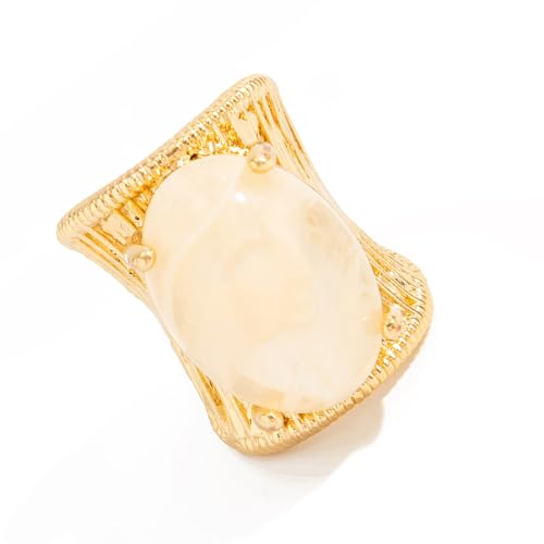 Geometric Open Ring, Adjustable Statement Rings with Non-Fading Hand-Marbled Resin Wide Band, Metallic Stripe Accent Finger - color: cream