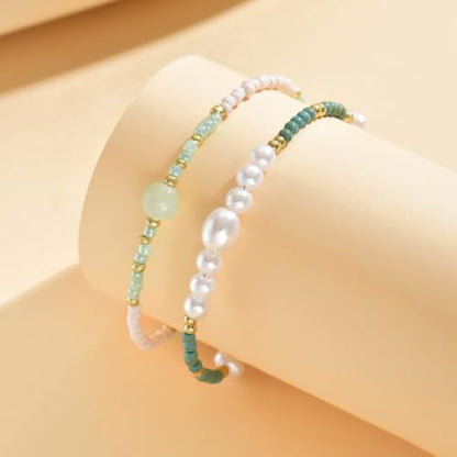 Pearl Beaded Anklet for Women Boho Rice Pearl Ankle Bracelet Adjustable Delicate Stackable Summer Beach Bikini Vacation Party Jewelry