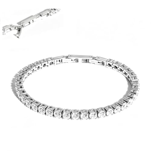 Tennis Bracelets for Women Men Adjustable, AAA Cubic Zirconia Stainless Steel Bracelet Sparkle Simulated Diamond Bangle - color: Silver
