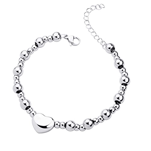 555Jewelry Stainless Steel Beads & Puffed Heart Charm Bracelet for Women & Ladies - color: Silver
