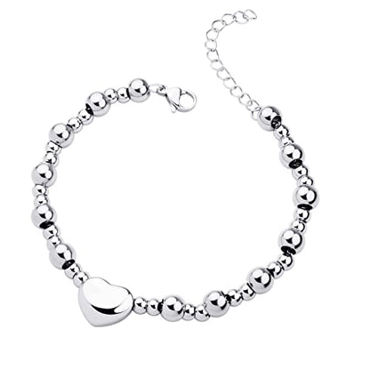 555Jewelry Stainless Steel Beads & Puffed Heart Charm Bracelet for Women & Ladies - color: Silver