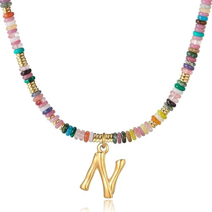 YOUFENG Initial Letter Necklaces for Women Colorful Beaded Gemstone Choker 14K Gold Plated Bamboo Letter Pendant Necklace Natural Stone Handmade Jewelry Gift - color: N
