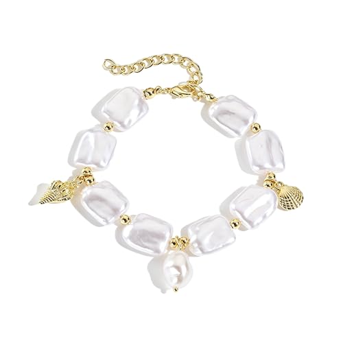 Baroque Pearl Bracelet for Women Elegant Gold Plated Irregular Chunky Pearls Bracelets Summer Starfish Seashell Conch Cuff Bracelets Jewelry for Vacation - color: white