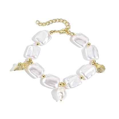 Baroque Pearl Bracelet for Women Elegant Gold Plated Irregular Chunky Pearls Bracelets Summer Starfish Seashell Conch Cuff Bracelets Jewelry for Vacation - color: white