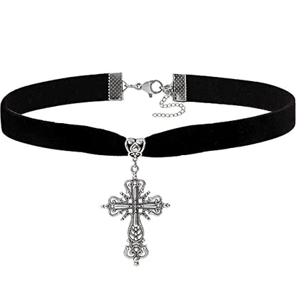 Gothic Black Velvet Goth Choker Necklace for Women,Cameo Black Choker Crow Skull Pendant Necklace Vintage Collar Skull Necklace Gothic Jewelry - style: Cross