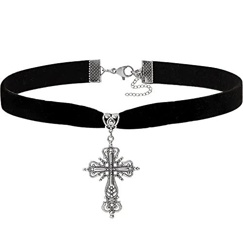 Gothic Black Velvet Goth Choker Necklace for Women,Cameo Black Choker Crow Skull Pendant Necklace Vintage Collar Skull Necklace Gothic Jewelry - style: Cross