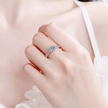 LUSHE Moissanite Engagement Ring 1-2CT D Color VVS1 Clarity 925 Sterling Silver with 18K White Gold Plated Solitaire Moissanite Wedding Promise Rings for Women - color: 003-1 Carat