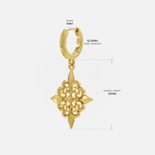 PUNKYOUTH Gothic Crest Dangle Drop Hoop Earrings Dark Alternative Piercing Jewelry 18G 1mm Antique Finish Ornate Scroll Cubic Zirconia Spike Statement Everyday Wear Accessories For Women Men - color: Fleur-de-lis-Gold