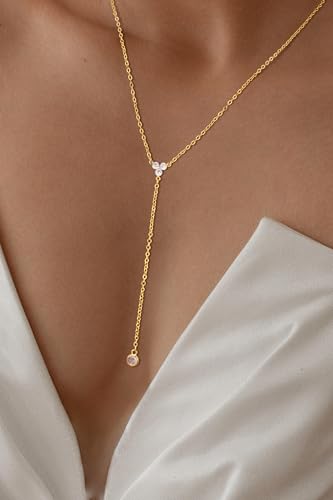 Lariat Gold Necklaces for Women Trendy Dainty Long Necklace 14k Gold Plated/Silver Layered Drop Beaded Chain Necklaces Y-shaped Pendant Necklace Simple Gold Jewelry Gifts - color: Y Triangle-Gold